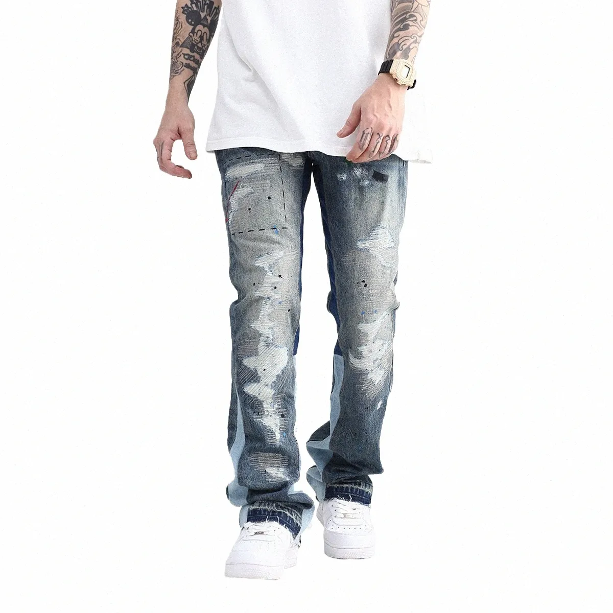 Blaue Speckle-Tinte Mi Destroyed Flared Jean Pants Hip Hop Graffiti Ripped Denim Jeans für Männer Streetwear Vintage Wide Jeans g5Vs #