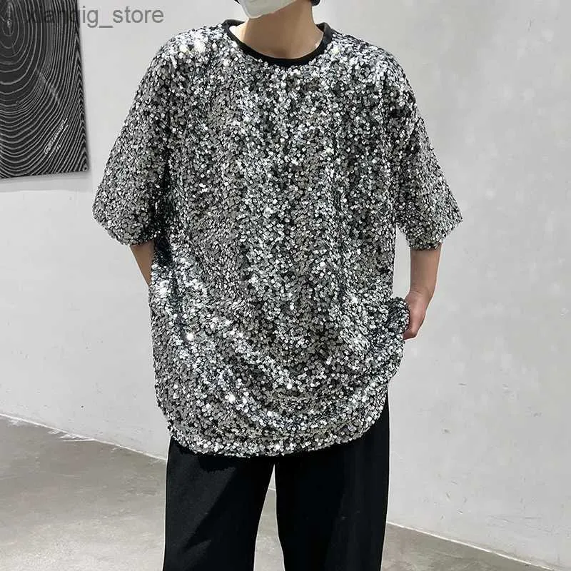 Heren T-shirts 2023 Koreaanse Mode Shining Sequin Korte Mouw T-shirt Heren Punk Hip Hop Nachtclub DJ Zanger Stage Come Street Casual Tops24328