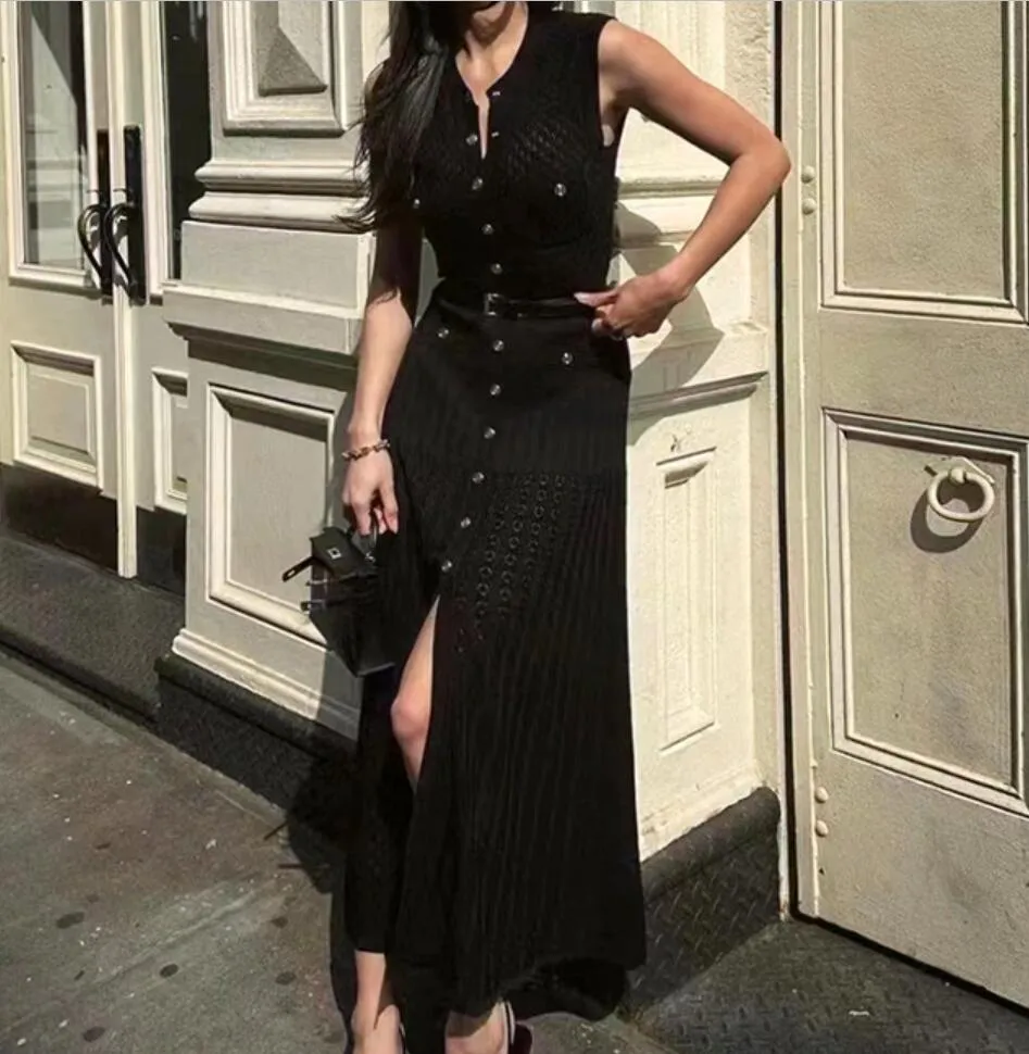 Dames Gebreide Lange Jurk |Mouwloze Holle Uithoofd Met Één Breast