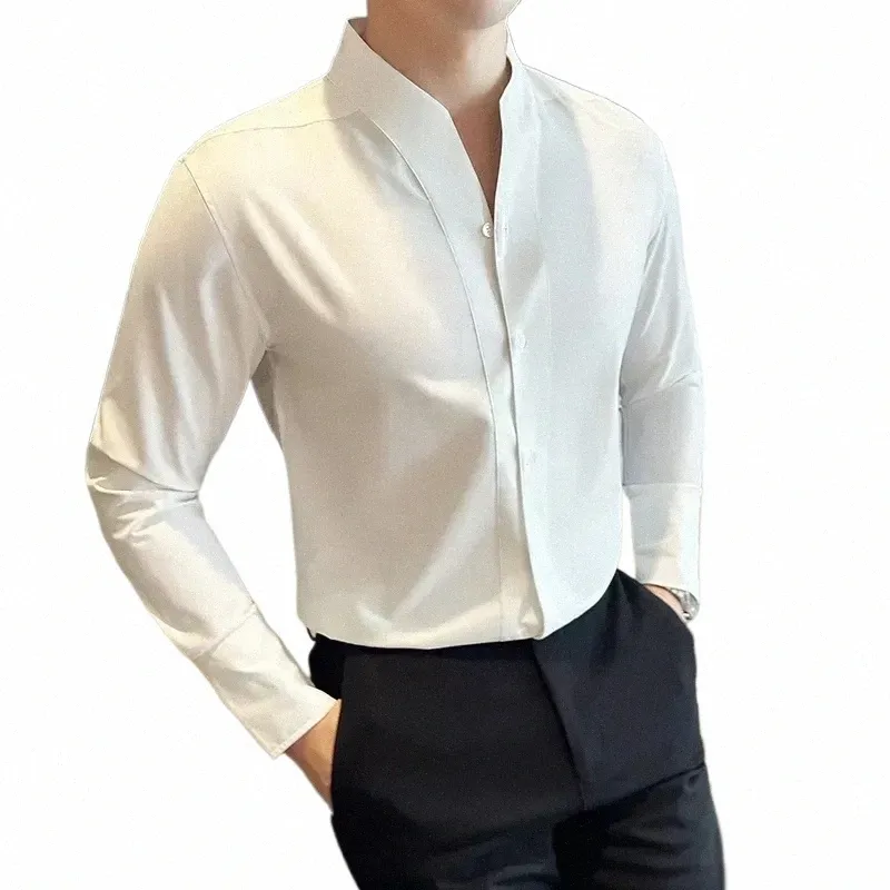 Camicia da uomo sexy con scollo a V di alta qualità Autunno Lg Sleeve Slim Casual Busin Dr Camicie Temperamento Social Tuxedo Camicetta M-3XL J7Dz #