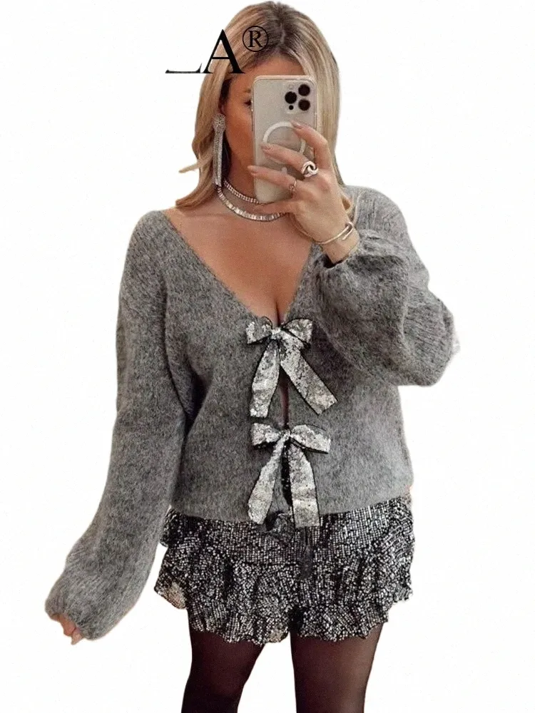 Trafza – Cardigan à paillettes pour femmes, pull à manches Lg, col en V, manteau tricoté, gris, Streetwear, W5B5 #