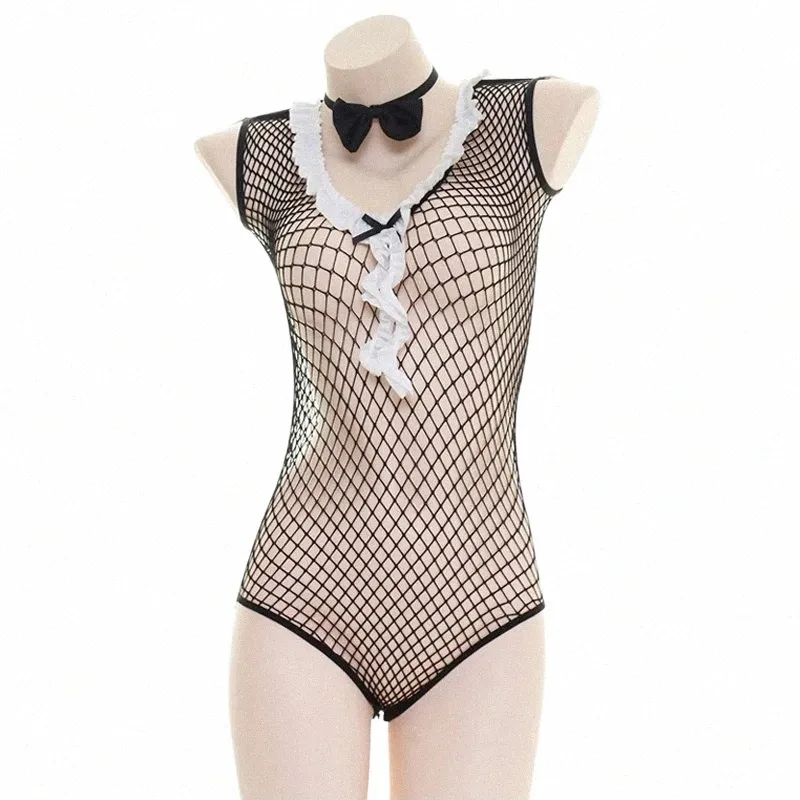 Anilv Donne Fishnet Mesh Body Bunny Girl Costume Orecchie di coniglio Bodyc Cameriera Uniforme Outfit Set Cosplay v3Nx #