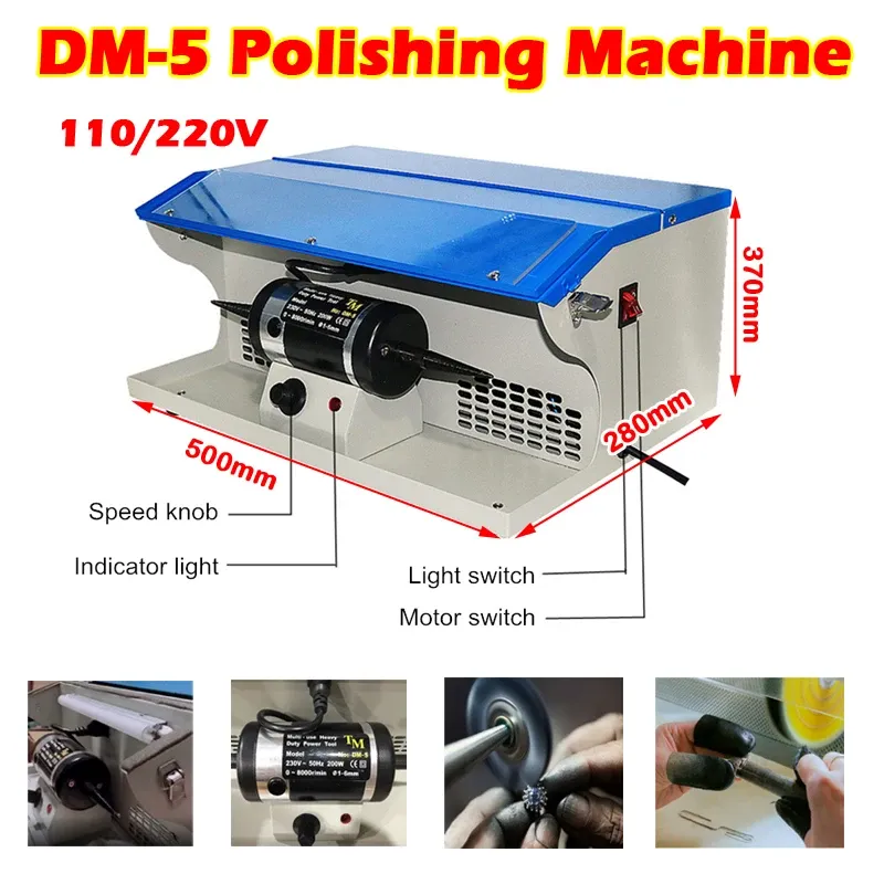 DM-5 Jóias Polishing Polisher Motor Motor Bancher Bancade de cabeça dupla com coletor de poeira para colar de anel 220V 110V