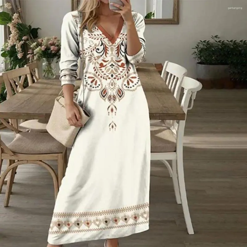 Casual Dresses Women Dress Bohemian Maxi With Ethnic Print V Neck Longeepes Women's Spring Fashion för ett snyggt bekvämt utseende