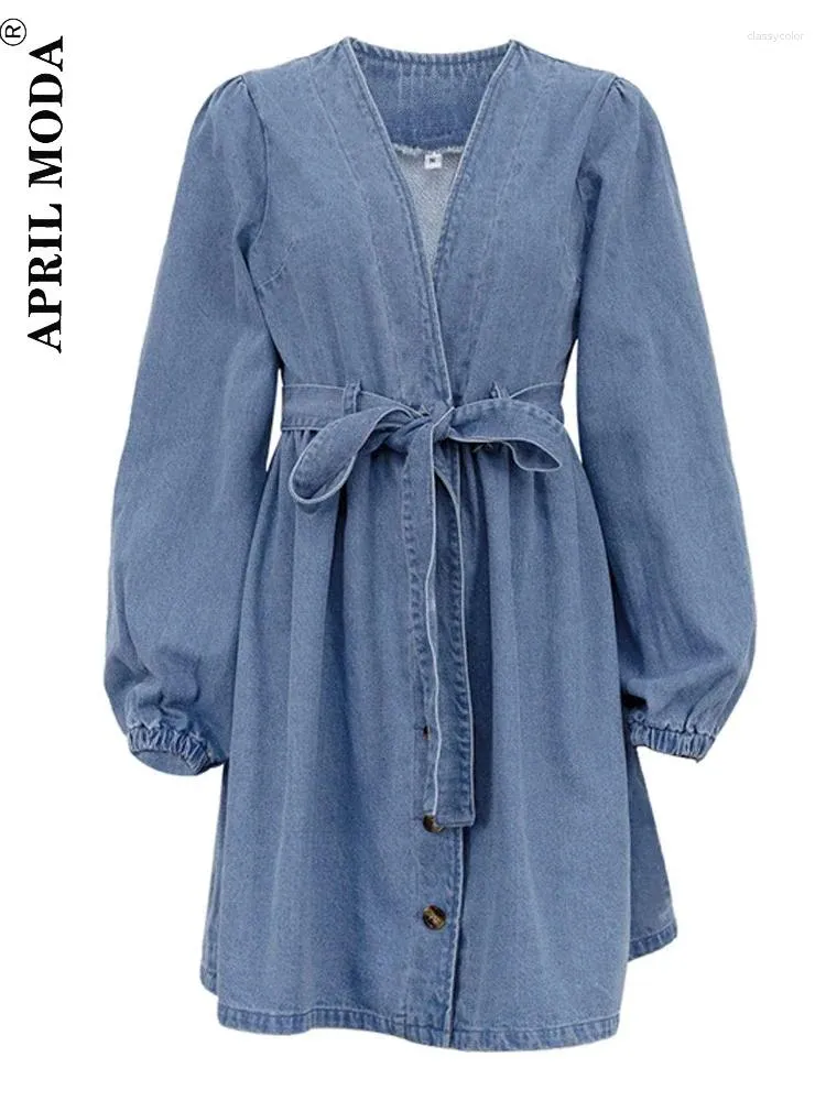 Robes décontractées 2024 automne hiver sexy bleu denim pour femmes col en v à manches longues à lacets mini robe élégante femme à poitrine unique