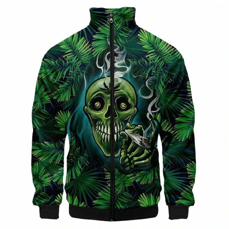 green Weed Leaf Smoking Men's Plus Size 3D Jacket Sportswear Autumn Stand-up Collar Zipper Sweater Men's Baseball Jacket 4XL 19Qr#