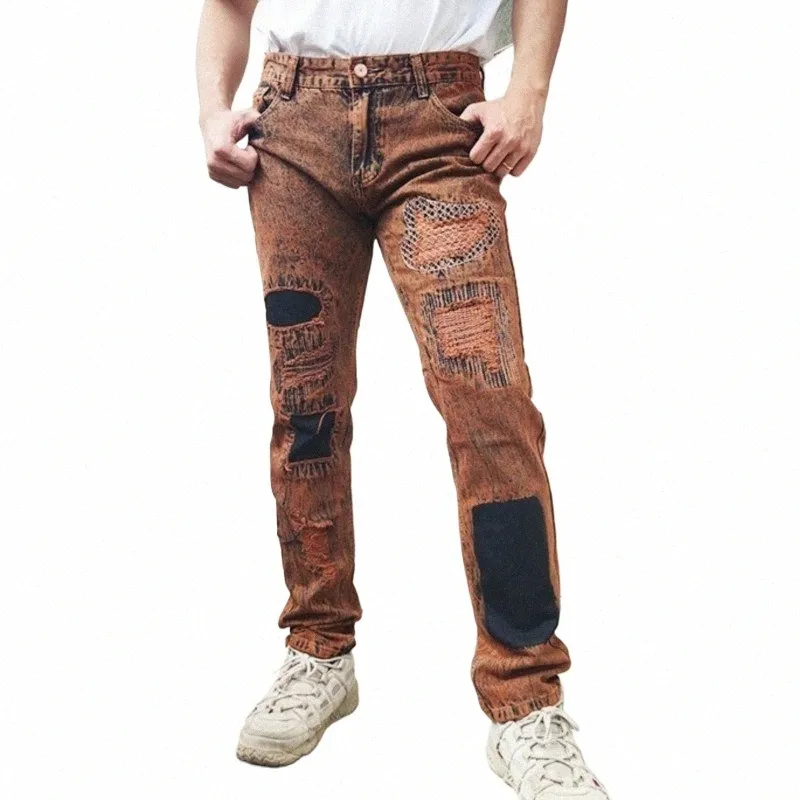 Hoge Kwaliteit Denim Mannelijke Jeans Gat Persality Splice Lg Broek mannen Big Size Retro Stok Doek Broek Fiable Man d9ra #