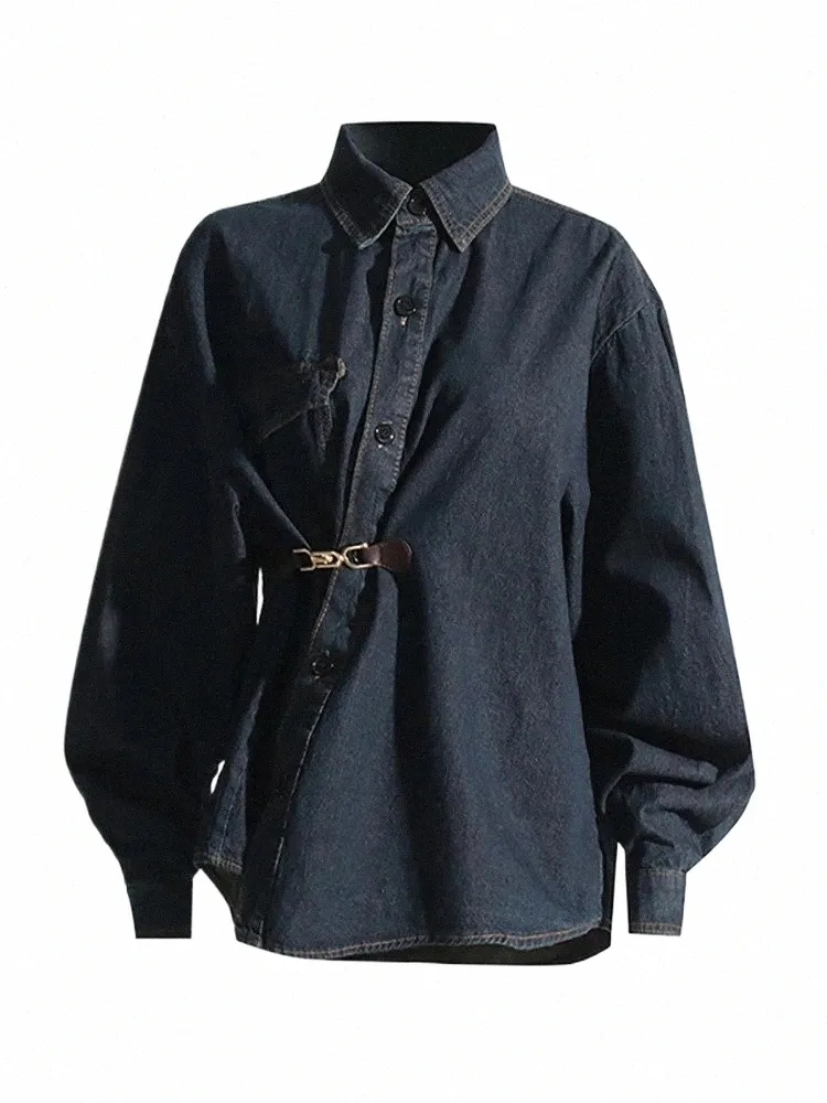 DEAT Kvinnor denim Coat Patchwork spänne midja oregelbunden enkelbröst LG -ärm Navy Blue Jackets 2024 Spring New Fi C6SW#