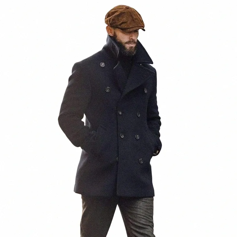 Klassiska lapel dubbelbröst rockar män vinter vintage fast färg lös lg ärm ullkläder för män fi yttre kläder a9tp#