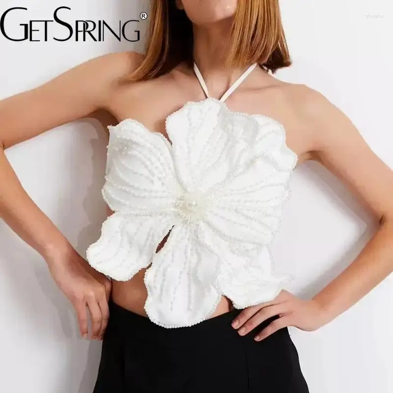 Women's Tanks Women Camis 2024 Spring Summer Sexy Pearl 3D Flower Sleeveless Backless Black White Vest Fashion Short Ladies Tops