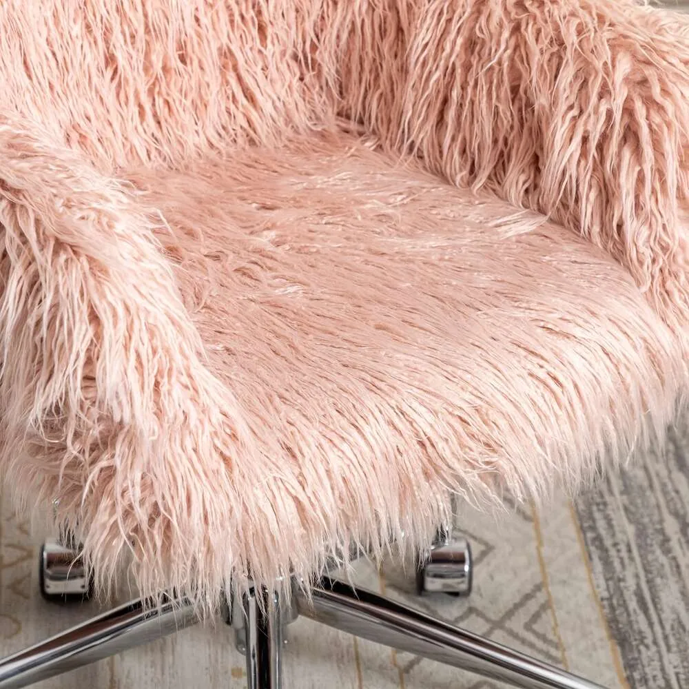 Cute Pink Furry with Wheels, Faux Fur Swivel Desk Comfortable Makeup Vanity Chair, Height Adjustable Dressing Rolling Chair for Bedroom Living Room Office