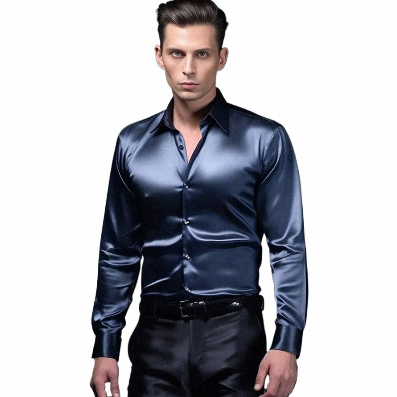 Hommes Satin Soie Dr Chemise Lg Manches Slim Busin Formel Casual Tops Classique P87t #