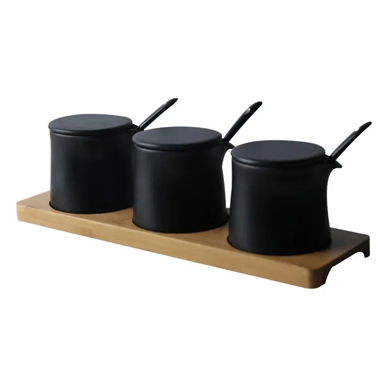 Barattoli in ceramica Barattolo per condimenti nero opaco con coperchio barattolo per la conservazione della cucina Per la casa Barattoli per condimenti con cucchiaio da cucina set di strumenti