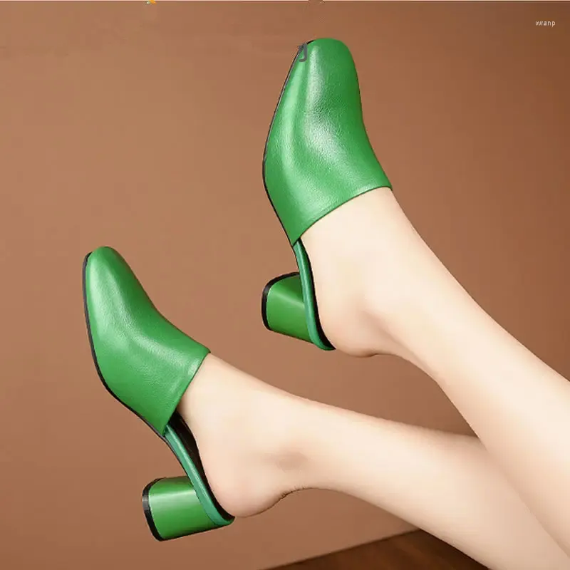 Летние женские туфли-лодочки на массивном высоком каблуке, модные однотонные элегантные сандалии без шнуровки черного, зеленого цвета с квадратным носком