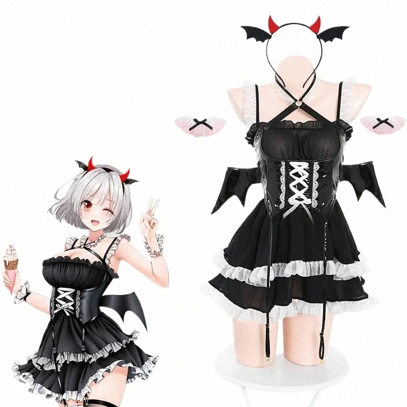 anilv 2023 Fille Bad Devil Anime Maid Uniforme Halen Femmes Bat Wings Dr Tenues Costumes Cosplay 16dC #