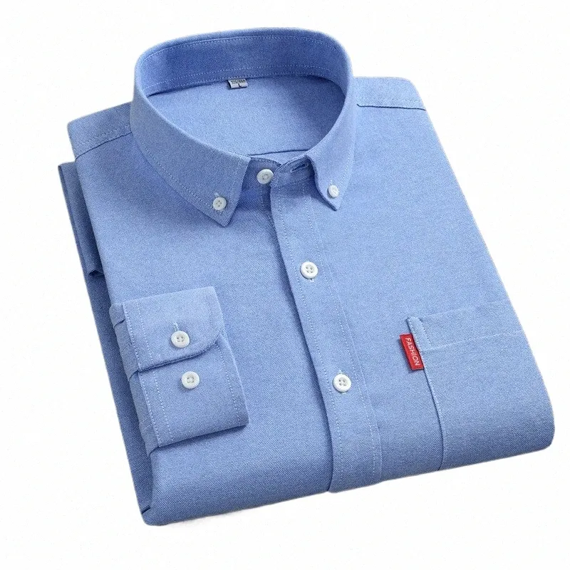 Heren Lg Sleeve 100 Cott Shirt voor heren Oxford Casual Solid Comfort Single Pocket Design Standard-fit Butt Nieuwe herenkleding R30l #