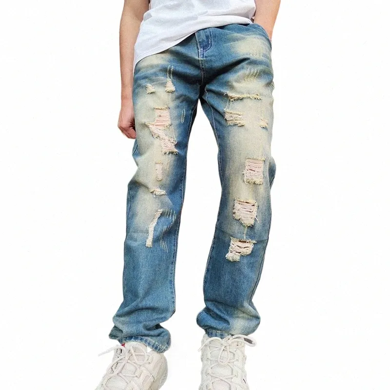 all-match Denim Jeans Men's Elastic Regular Fit Straight Male Pants Ruined Hole New Trousers Male High Street Large Size b2Wi#