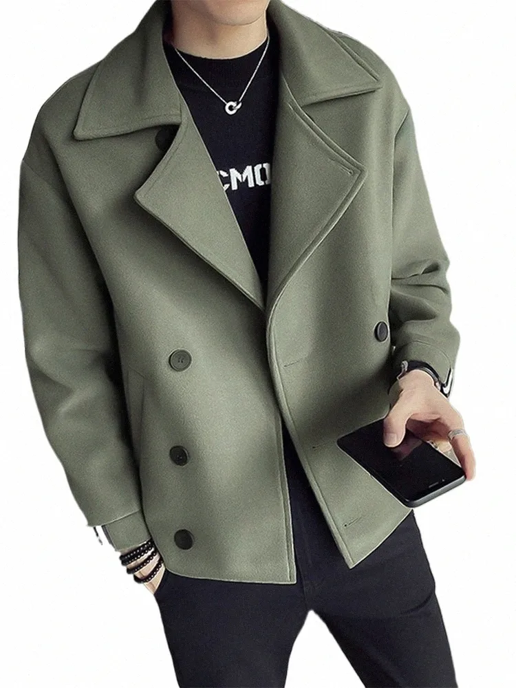 Винтажные мужские шерстяные куртки с лацканами 2024 весна-лето повседневные однотонные двубортные карманные пальто Свободные короткие пальто высокого качества 001r #