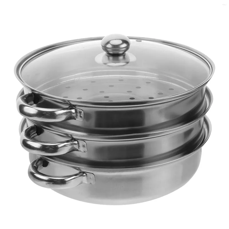 Double Boilers Stainless Steel Steamer Pot With Glass Lid Metal Stockpot Three Layer Boiler Steaming Cookware Vegetable