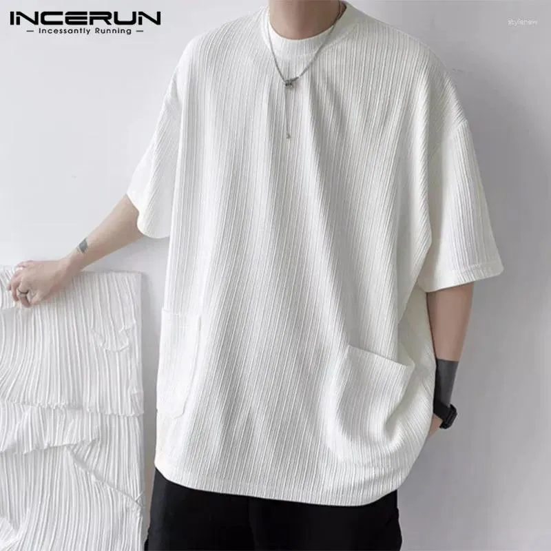Koszulki męskie Koszulka Inderun Solid Color O-Neck krótkie kieszenie na krótkie rękawie luźne luźne mężczyzn ubrania koreańskie letnie 2024 TEE TOPS S-5xl