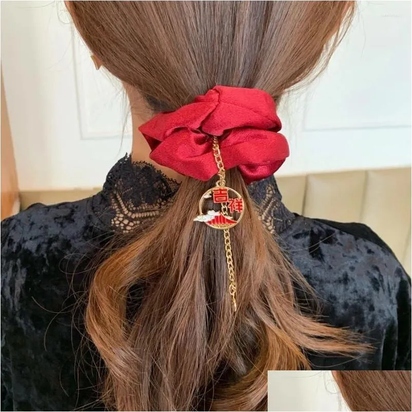 Hårtillbehör kinesiska stil elastiska band för kvinnor metallkedja pendelle scrunchies head tie hårband flickor huvudstycke droppleverans dhnqd