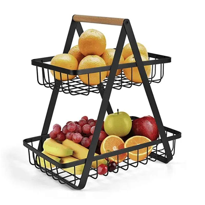 Paniers Cuisine en métal porte-panier de fruits détachable poignée en bois portable double couche étagère pour fruits légumes grand accès