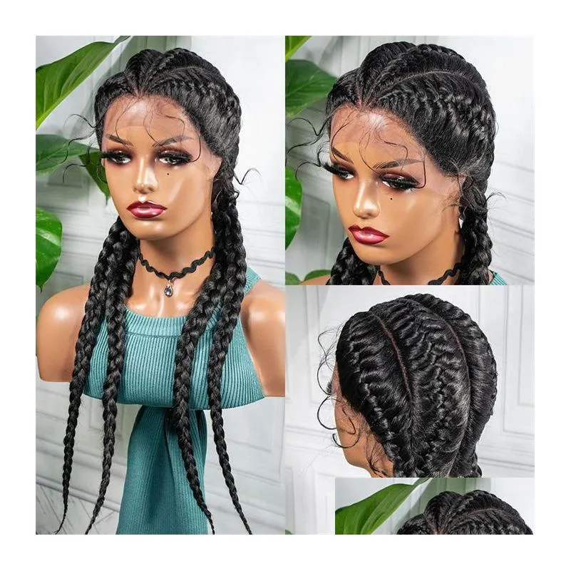 Synthetische pruiken 28 inch Kanten Voorhaar Pruik Zwart Lang Voor Afrikaanse vrouw Afro Frontaal Cornrow Twist Boksen Gevlochten Drop Delivery Prod Dhsjn