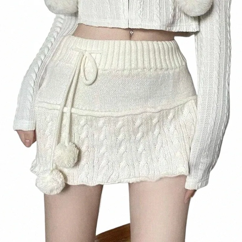 Gestrickter Minirock für Damen mit Bommel, kurze Röcke, weiches Mädchen-Fairycore-Kawaii-Outfit B740#