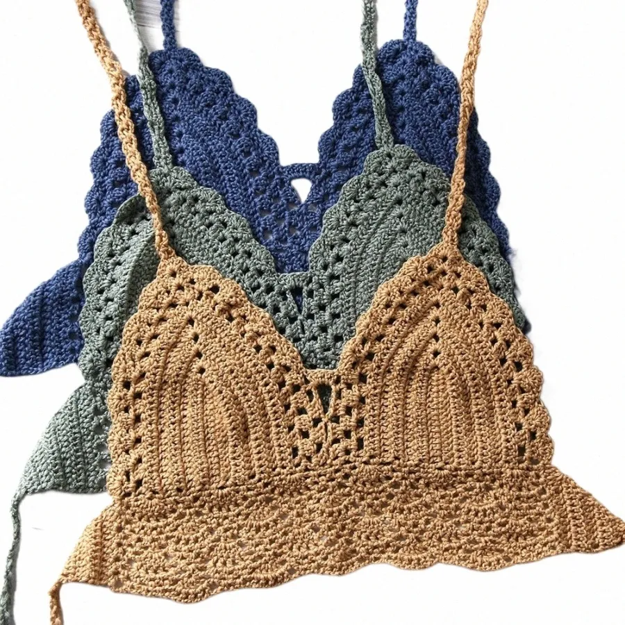 Nouveau Sexy Bikini Crop Top Femmes Crochet Boho Beach Camisoles Bikini Bralette Halter Cami Soutien-Gorge Tricoté Backl Beachwear Débardeur 36uI #