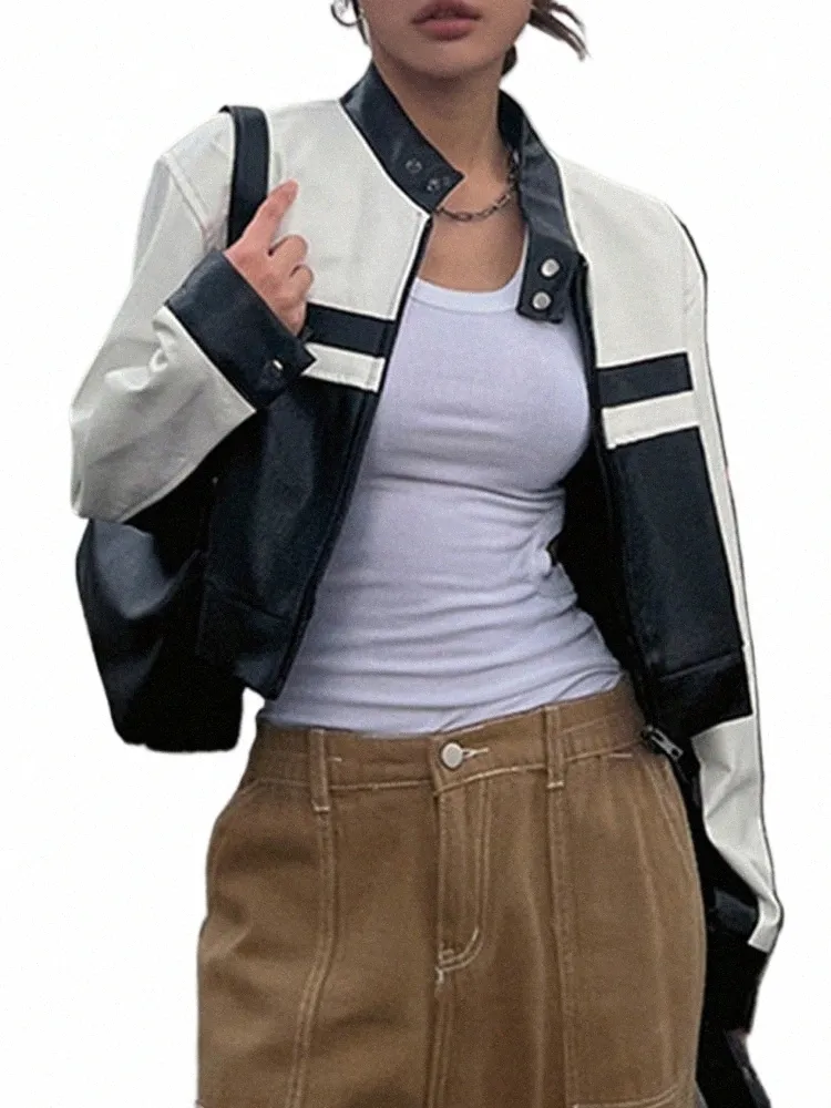 줄무늬 가죽 바이커 재킷 Y2K 빈티지 펑크 스리트웨어 모트 모터 코트 여성 한국 자른 아웃웨어 미학 M33Q#