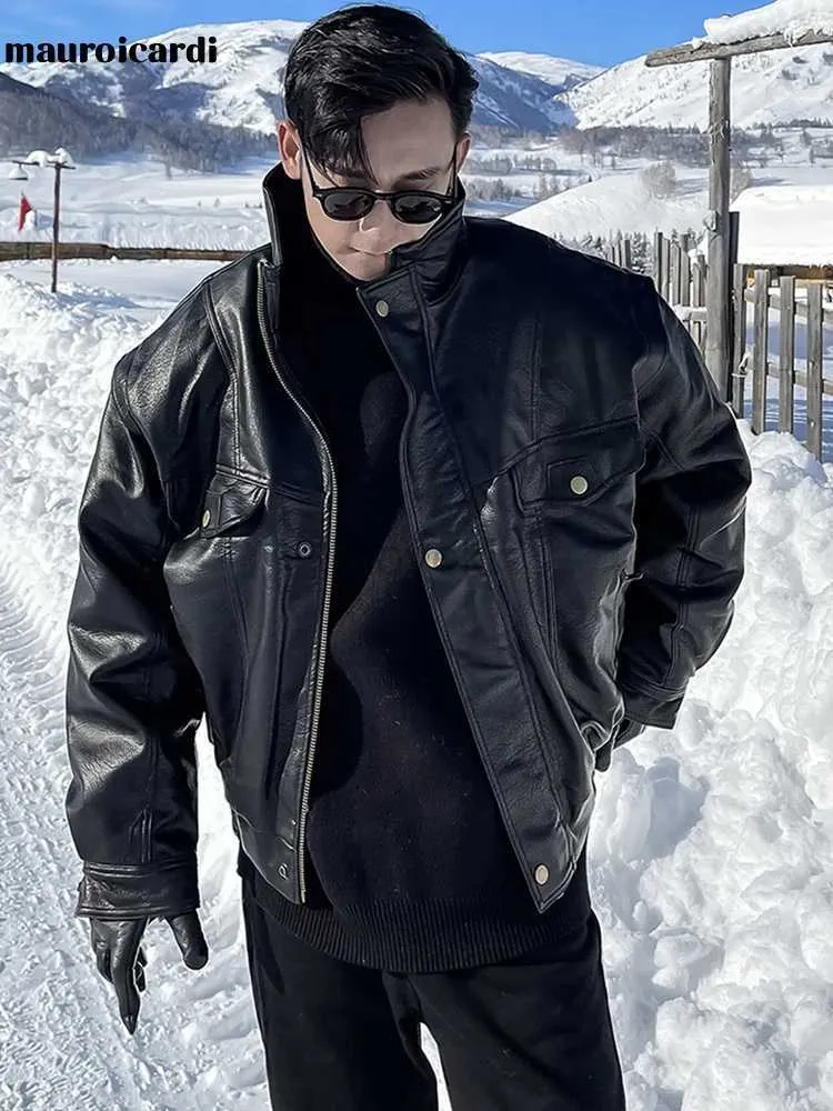 Men's Leather Faux Leather Mauroicardi Autumn Winter Waterproof Windproof Oversized Thickened Warm Black Faux Leather Jacket Men Zip Up Casual Cool Fashion 240330