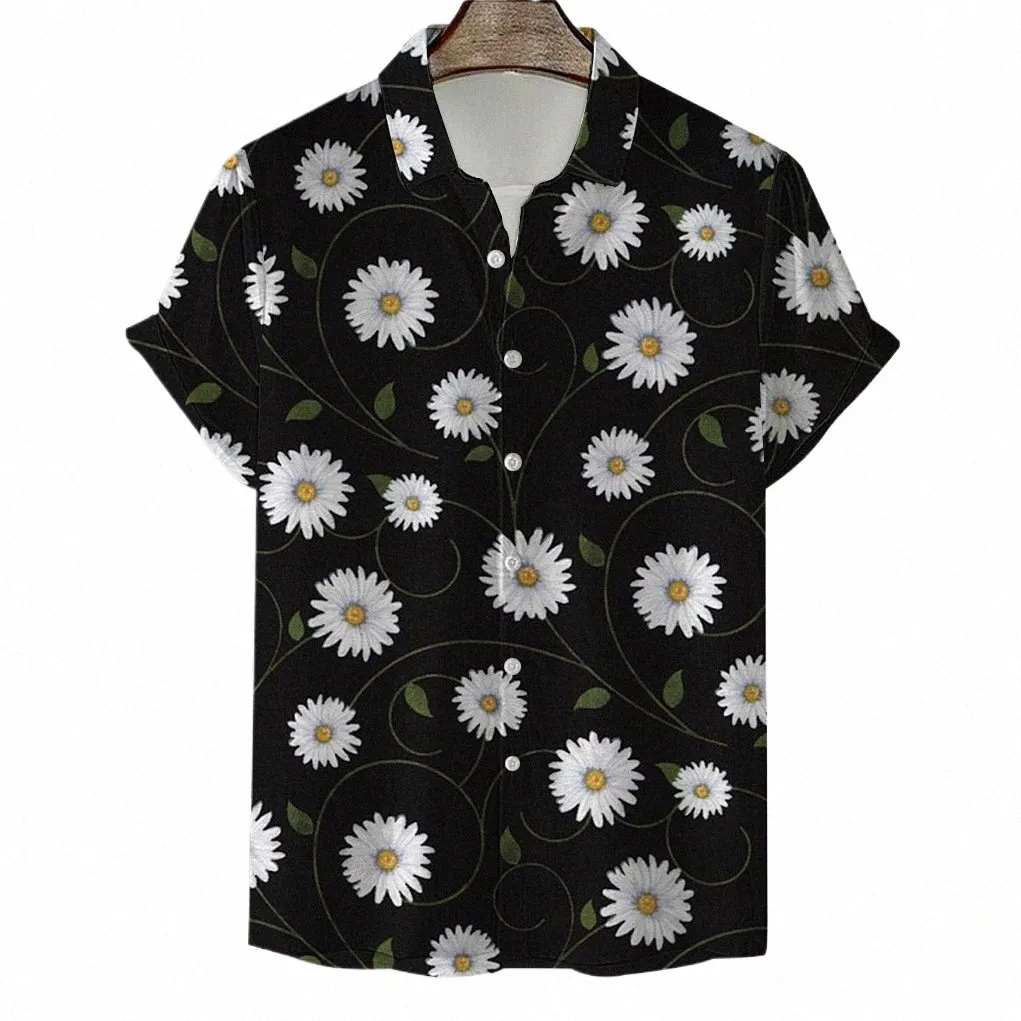 Chemise hawaïenne pour hommes 3D Daisy Print Chemises Summer Fi T-shirt à manches courtes Motif chrysanthème Blouse surdimensionnée Vêtements pour hommes 67Im #