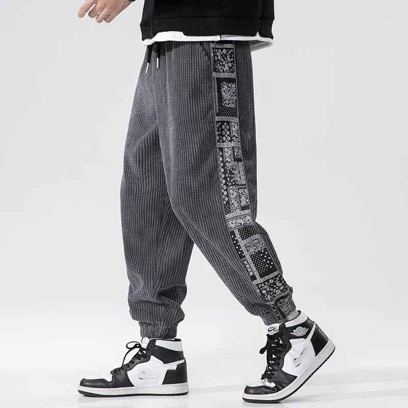 Men's Pants Autumn 2024 Chinese Style China-Chic Corduroy Casual Trousers Waist Fruit Flower Splicing Loose Oversize Sweatpants