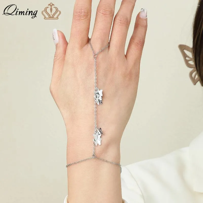 Link Armbanden QIMING Trendy Vlinder Vinger Ring Armband Vrouwen Bruiloft Sieraden Hand Aangesloten Bangle Gift