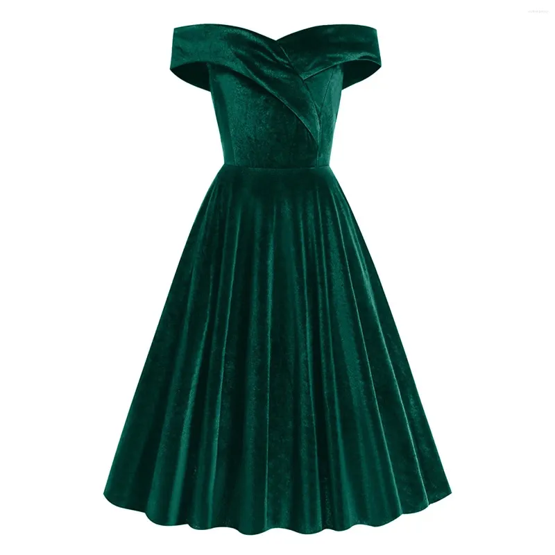 Vestidos casuales Vintage Slash Neck Evening Prom Vestido de terciopelo para mujeres Elegante Bodycon Cintura alta Cóctel verde Mujer Fiesta delgada