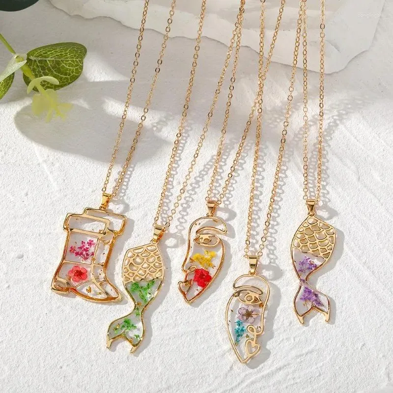 Цепочки с разноцветными засушенными цветами в форме рыбьего хвоста, ожерелье с подвеской для женщин и девочек, нежные ботинки из смолы, геометрическое ожерелье