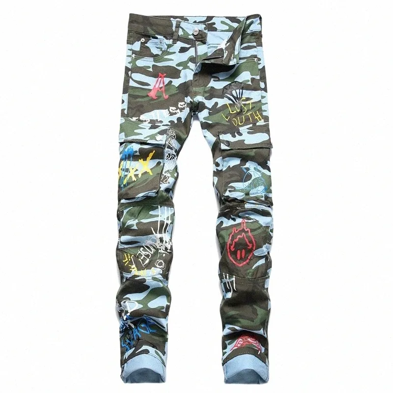 men's Fi Multi-Pocket Cargo Camoue Jeans Color Letter Print Slim Denim Pants Street Patchwork Casual Pants P8g4#