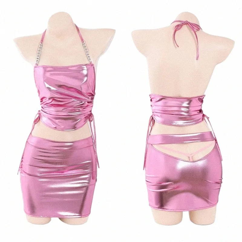 Anilv 2023 menina rosa bling laser empregada uniforme traje feminino cordão corrente halter topo roupas trajes cosplay d9vG #