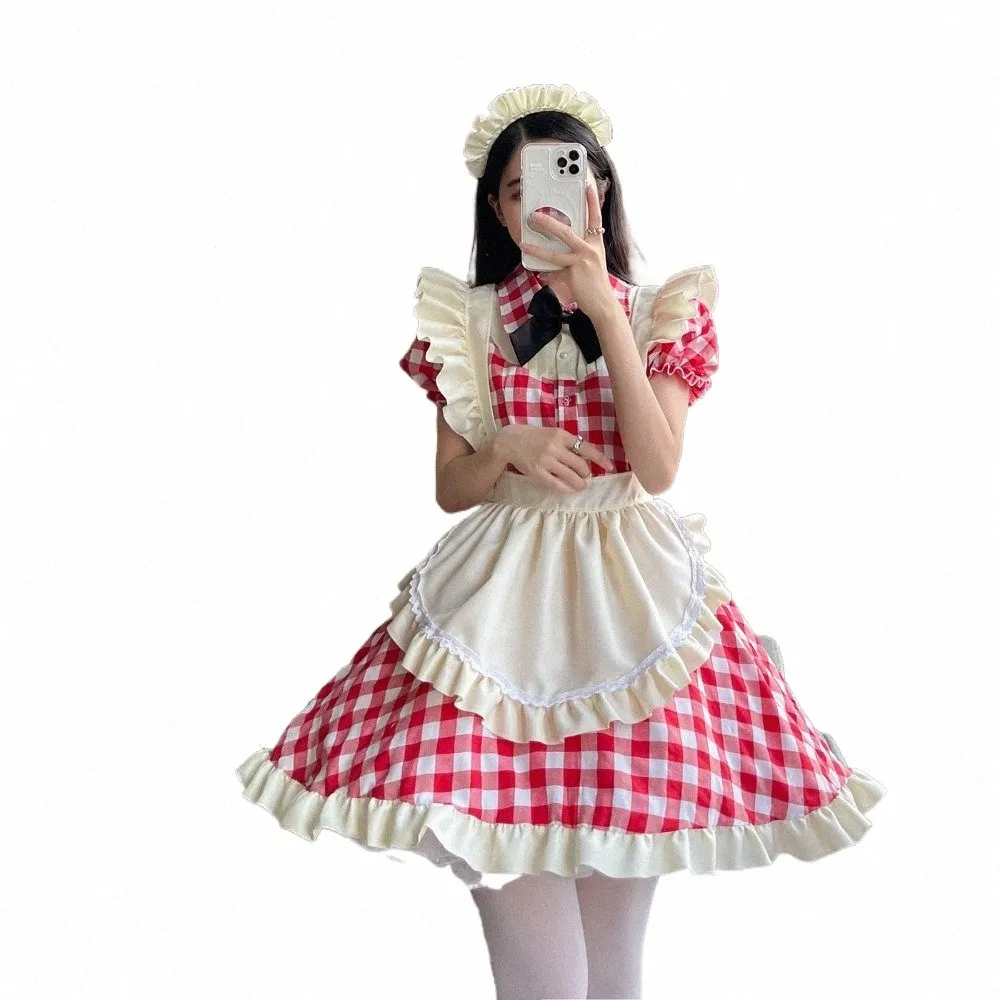 Japonais Style mignon Lolita Maid Outfit Cos Maid Uniforme Dr Noir et Rouge Plaid Grande Taille S6Gd #