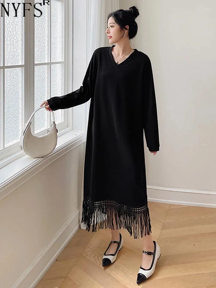 Casual Dresses NYFS 2024 Autumn Korea Woman Dress Vestidos Robe Elbise Loose Plus Size Solid Patchwork Tassel Lace Long