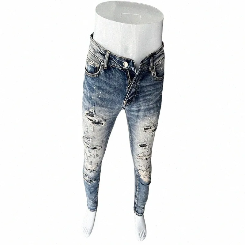 Street Fi Jeans da uomo Retro Wed Blu Stretch Skinny Jeans strappati Uomo Perline Patched Designer Dipinto Hip Hop Pantaloni di marca c1l6 #
