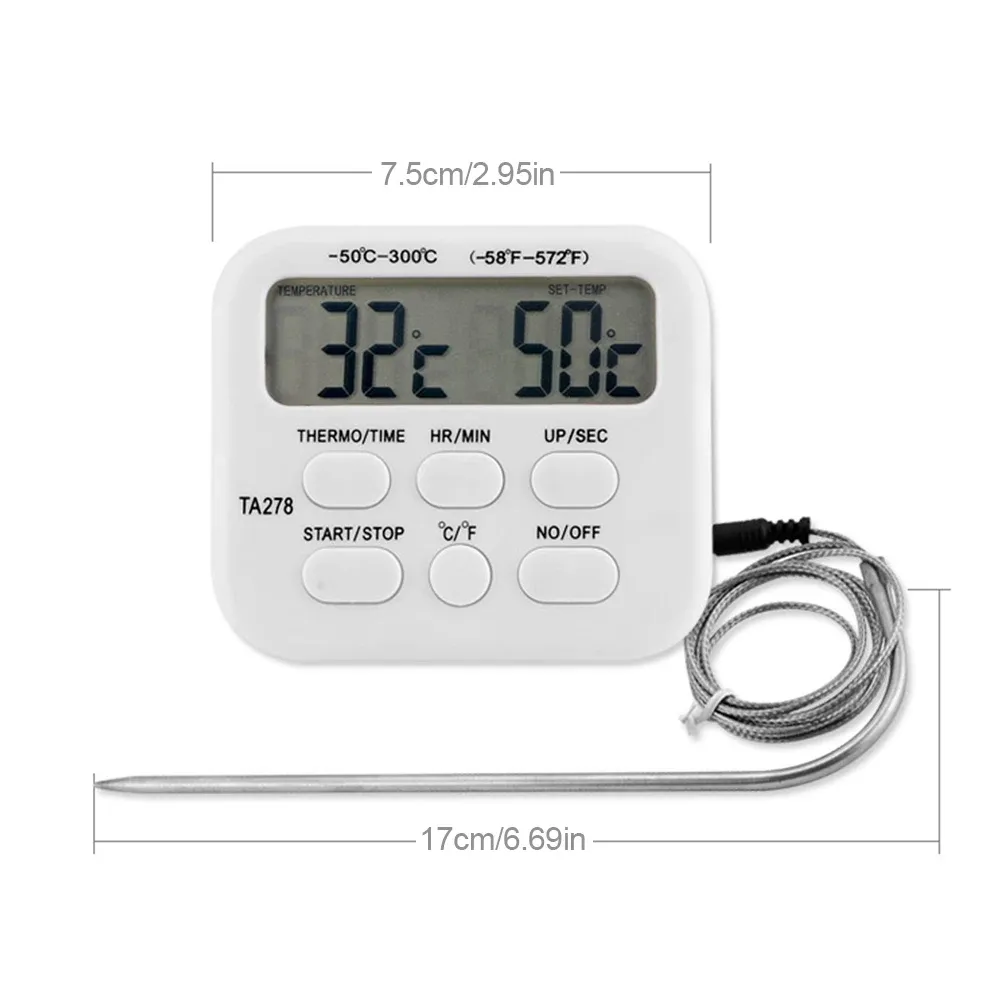 Jauges TA278 Thermomètre de cuisine numérique Minuterie Sonde en acier inoxydable Viande BBQ Température des aliments Barbecue Outils de cuisson avec alarme