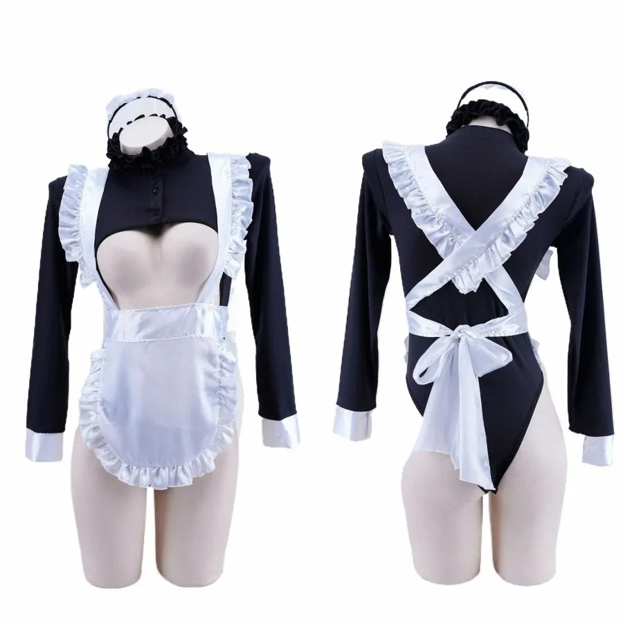 anime High Split Hollow Maid Uniform Apr Lg Sleeve Japanese Maid Cosplay Costume Cute Nightgown Role Play Halen Outfits 100X#