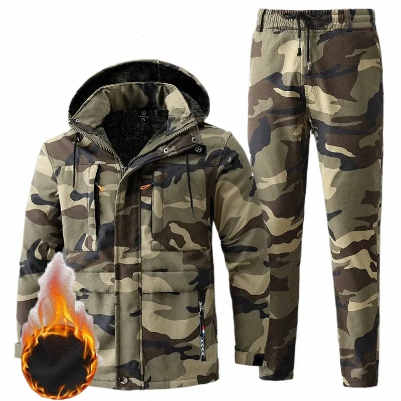 Waterdichte Fleece Verdikte Camoue Herenset Meerdere zakken Slijtvaste jas Heren Buitensporten Skiën 2-delig pak X7Xp#