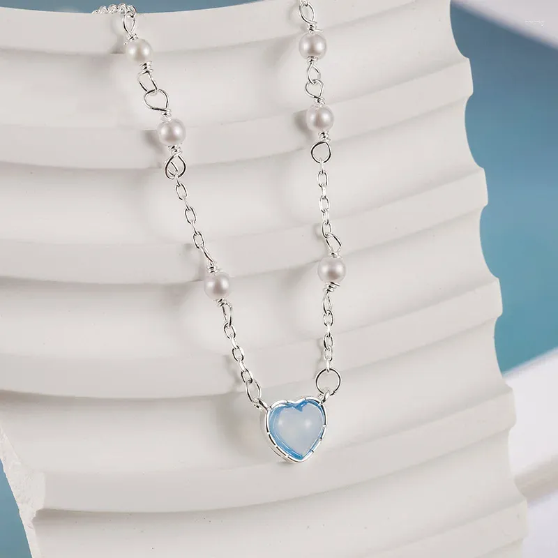 Ciondoli KOFSAC Collana a cuore azzurro in cristallo per ragazza Regalo di compleanno Romantico S925 Gioielli in argento Moda Perla Catena clavicolare