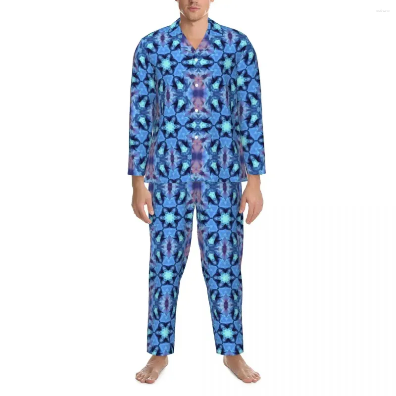 Home Kleding Pyjama's Heren Vintage Bohemen Dag Nachtkleding Abstract Oceaanprint 2-delige Casual pyjamaset met lange mouwen Mooi oversized pak