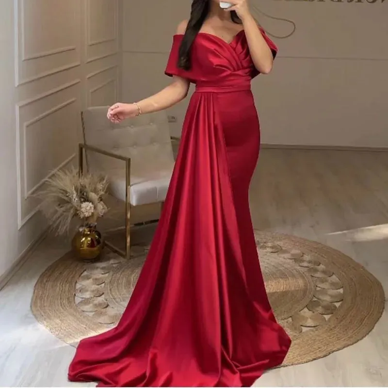 Simple Burgundy Evening Pagent Dress 2024 Off the Shoulder Satin Mermaid Prom Formal Party Gowns Robe De Soiree vestido fiesta