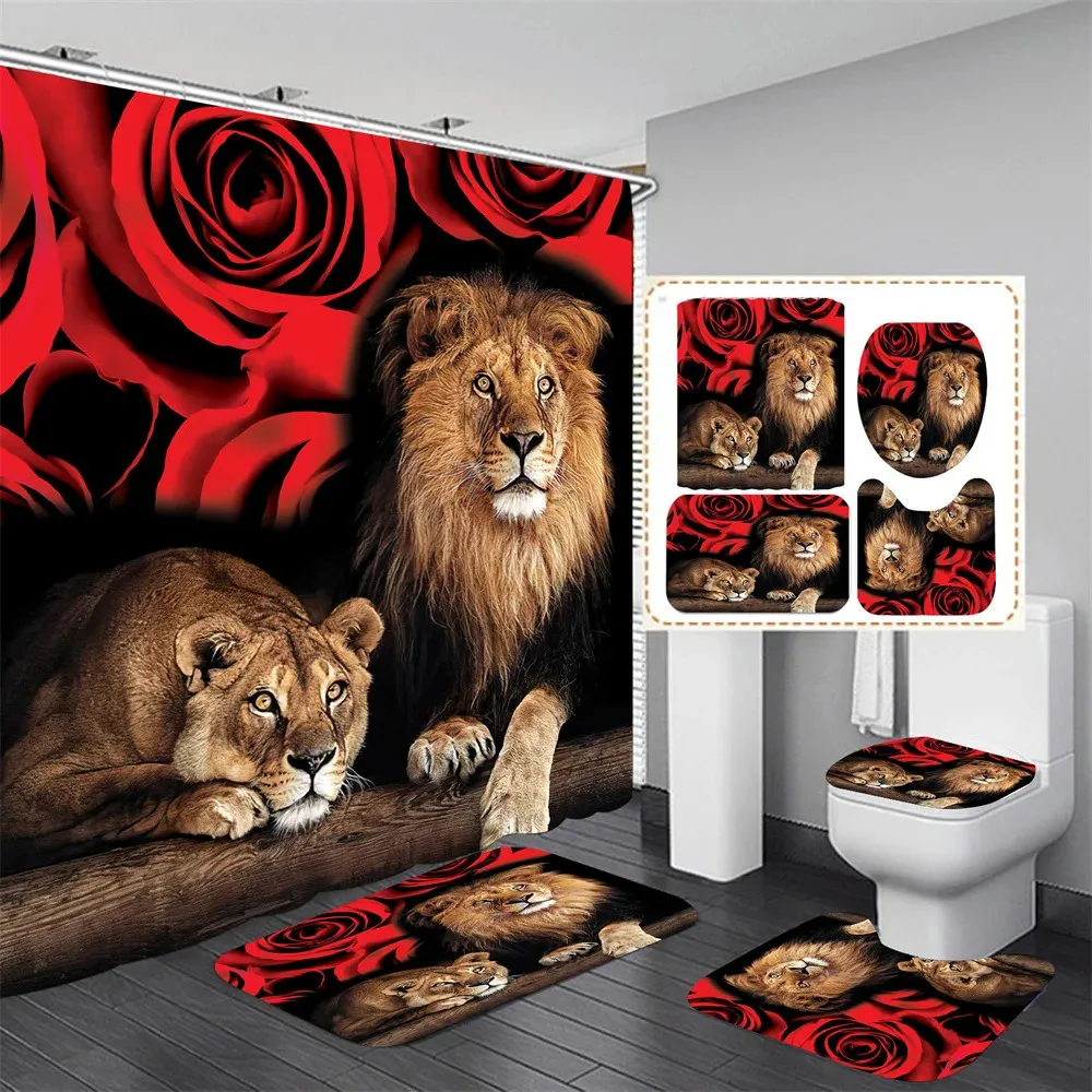 Ensemble de rideaux de douche Rose et Lion rouge, tapis antidérapants, couverture de couvercle de toilette, tapis de bain Durable et étanche, salle de bain 240328