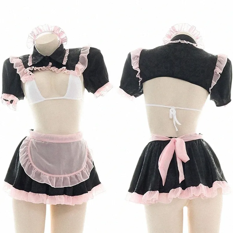 Anime Girl Maid Uniform Costume Sailor Pyjamas Lingerie Outfit Cosplay Hollow Cute Pink Maid Roll Play Two Piece Set Women o6ed#