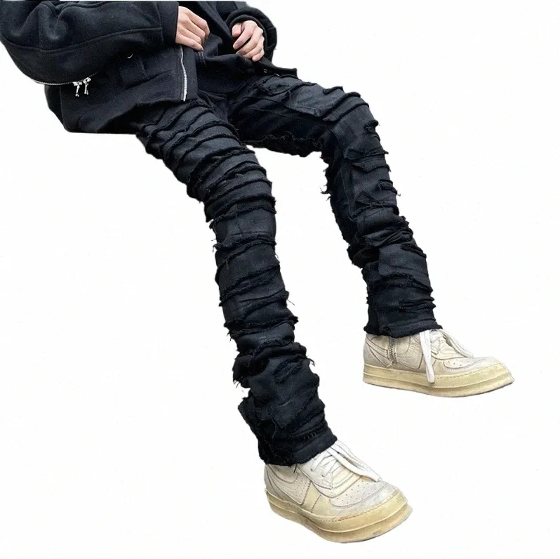 Schwere Industrie Loch ausgefranste Destructi gewachste Jeans Herren High Street Retro gerade gerissene Bleistifthosen Übergröße Denim-Hosen D9gO #